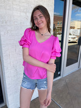 Load image into Gallery viewer, Claire Balloon Sleeve V Neck Blouse Pink
