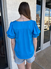 Load image into Gallery viewer, Claire Balloon Sleeve V Neck Blouse Blue
