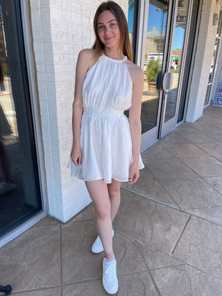 Raven Shirred Elastic Waist Halter Dress