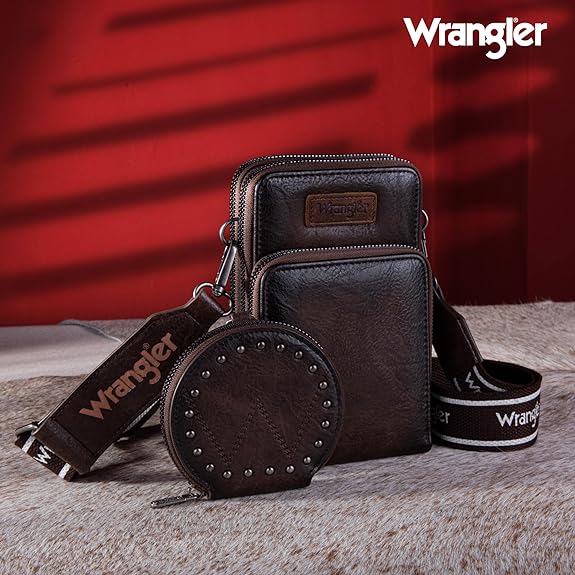 Wrangler Crossbody Cell Phone Purse 3 Zippered Compartment with Coin Pouch- Coffee