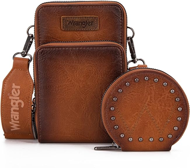 Wrangler Crossbody Cell Phone Purse 3 Zippered Compartment with Coin Pouch- Light Brown