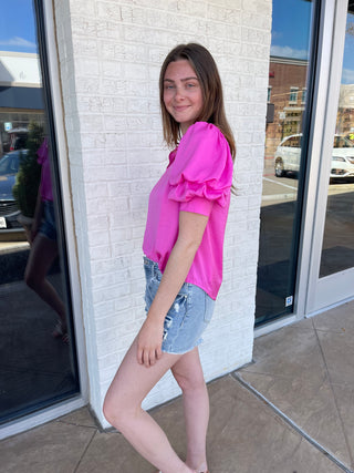 Claire Balloon Sleeve V Neck Blouse Pink