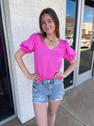 Claire Balloon Sleeve V Neck Blouse Pink