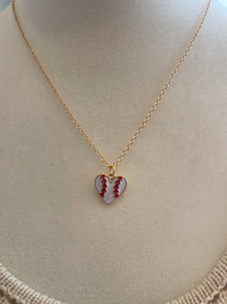 Necklace with Heart Baseball Charm Plated Gold 18"