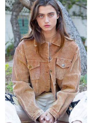 Distressed Hem Corduroy Jacket Brown