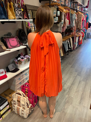 Pearl Halter Neck Pleated Mini Swing Dress