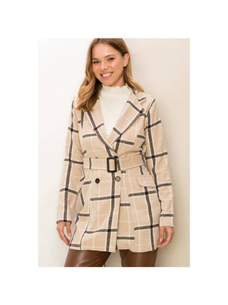 Aria Plaid Belted Coat Brown