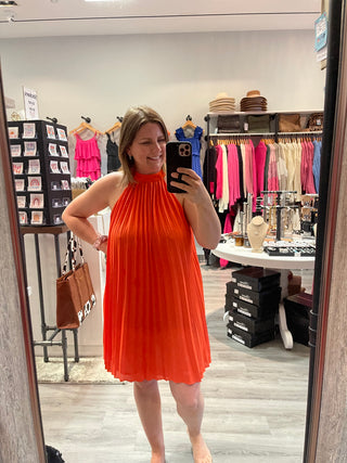 Pearl Halter Neck Pleated Mini Swing Dress