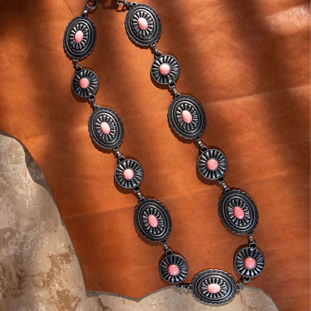 Rustic Western Stone Concho Link Chain Belt Pink
