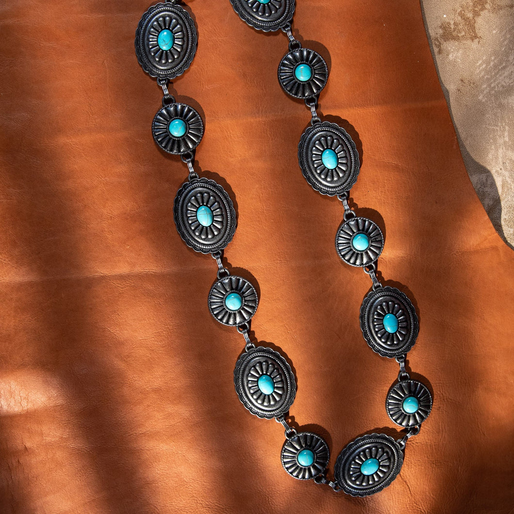 Rustic Western Stone Concho Link Chain Belt Turquoise