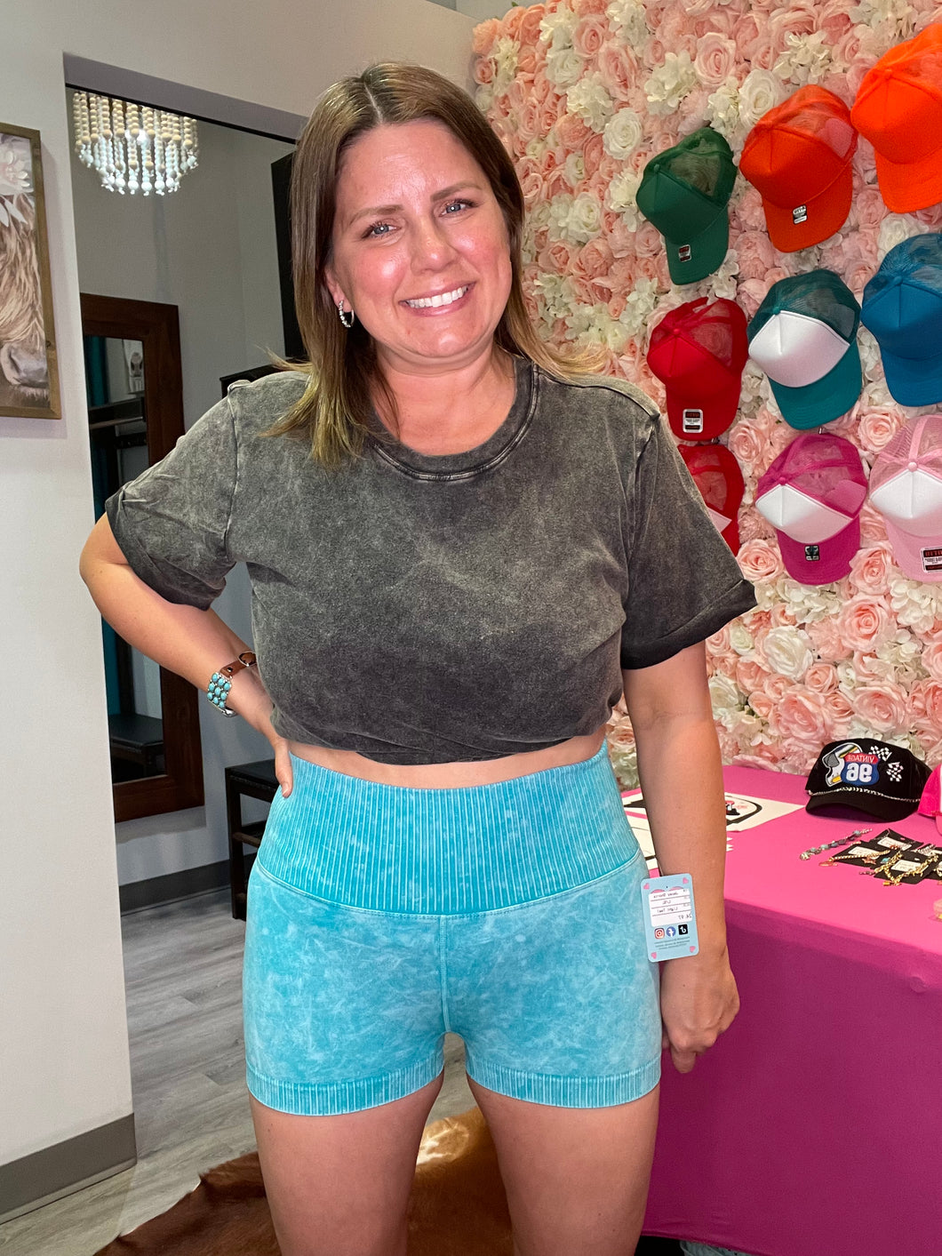 Jacey Washed Seamless High Waisted Shorts Light Teal