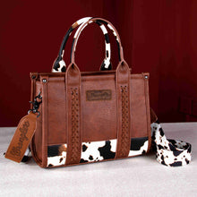 Load image into Gallery viewer, Wrangler Whipstitch Patchwork Crossbody Tote Brown Cow

