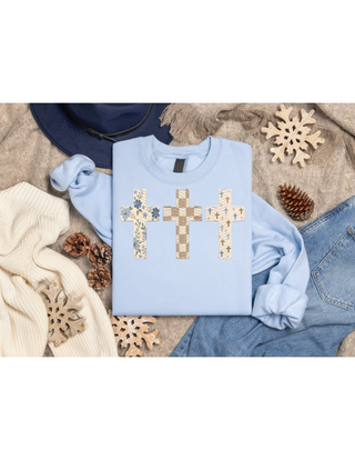 Floral Checkered Crosses Graphic Crewneck