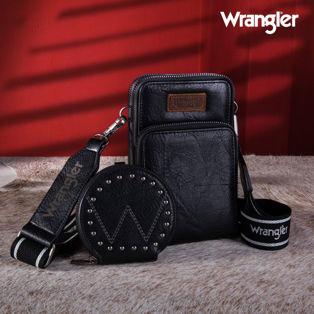 Wrangler Crossbody Cell Phone Purse 3 Zippered Compartment with Coin Pouch- Black