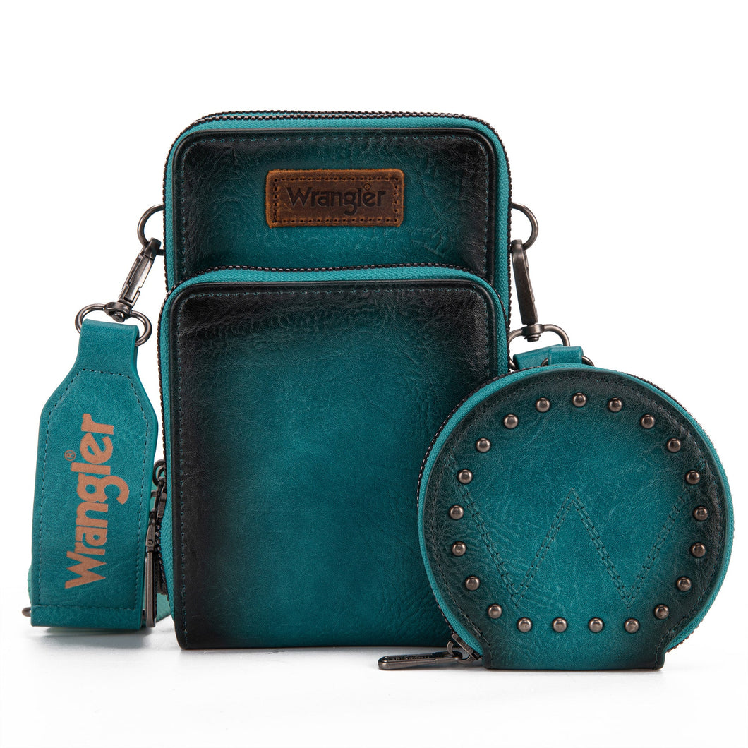 Wrangler Crossbody Cell Phone Purse 3 Zippered Compartment with Coin Pouch- Turquoise