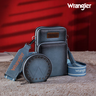 Wrangler Crossbody Cell Phone Purse 3 Zippered Compartment with Coin Pouch- Jean