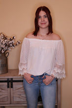 Load image into Gallery viewer, White Luv On Me Swiss Dot Lace Smocked Blouse by LuvLeigh Apparel

