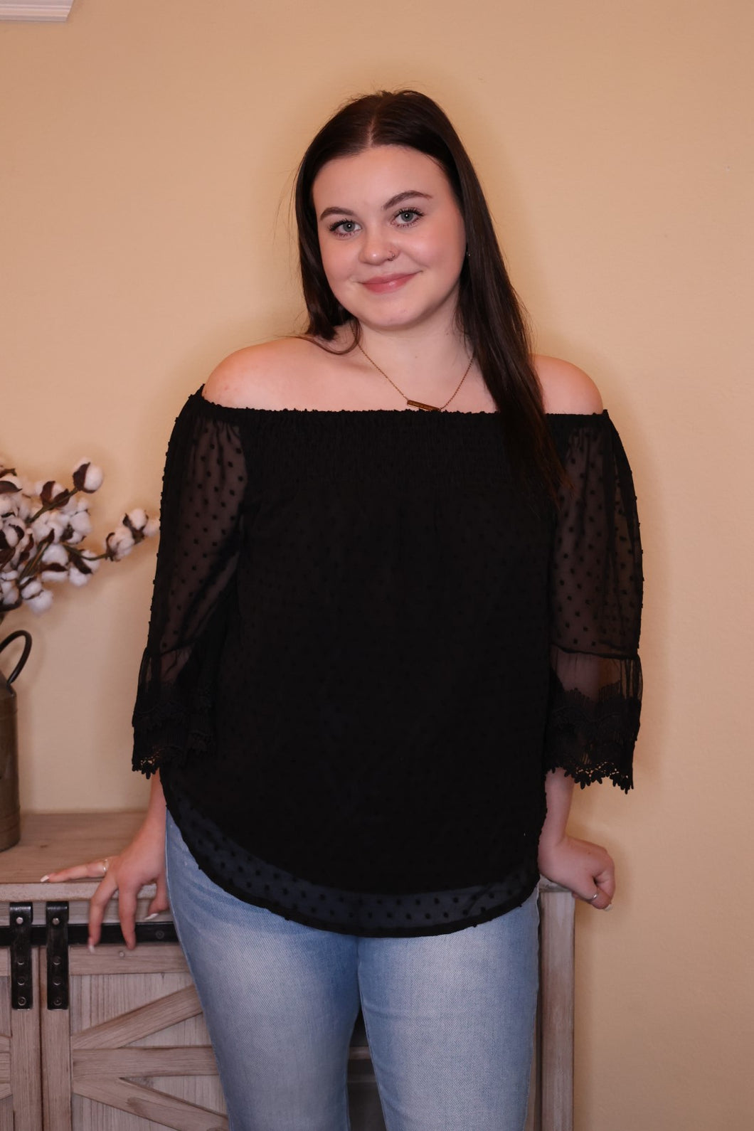 Black Luv On Me Swiss Dot Lace Smocked Blouse by LuvLeigh Apparel