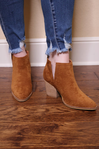 Abby Camel Side Slit Booties by LuvLeigh Apparel