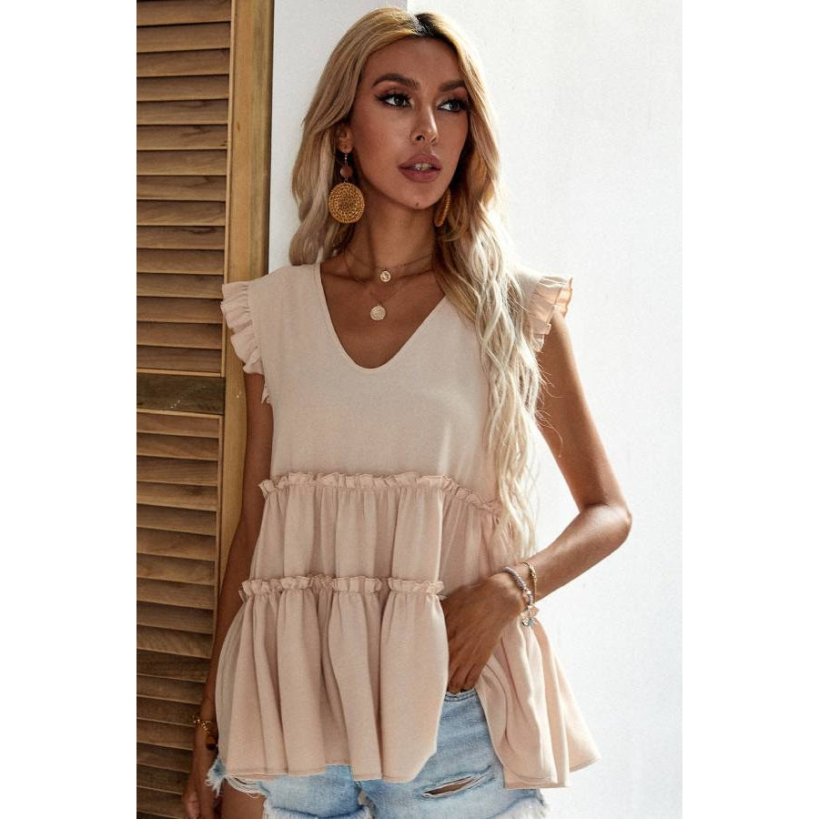 Fancy Like You V-Neck Babydoll Ruffled Top Beige