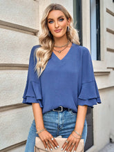 Load image into Gallery viewer, Scarlett Blue V Neck Flair Sleeve Top
